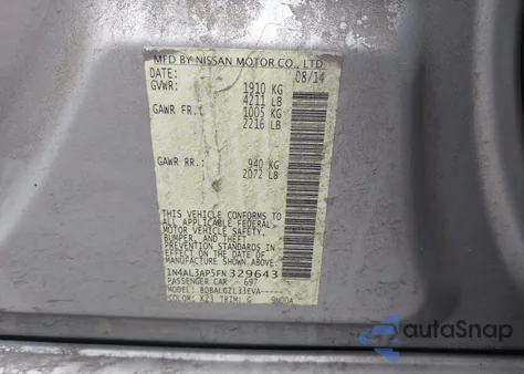 2015 Nissan Altima 2.5/2.5 S/2.5 Sl/2.5 Sv из США, поврежденный, VIN 1N4AL3AP5FN329643